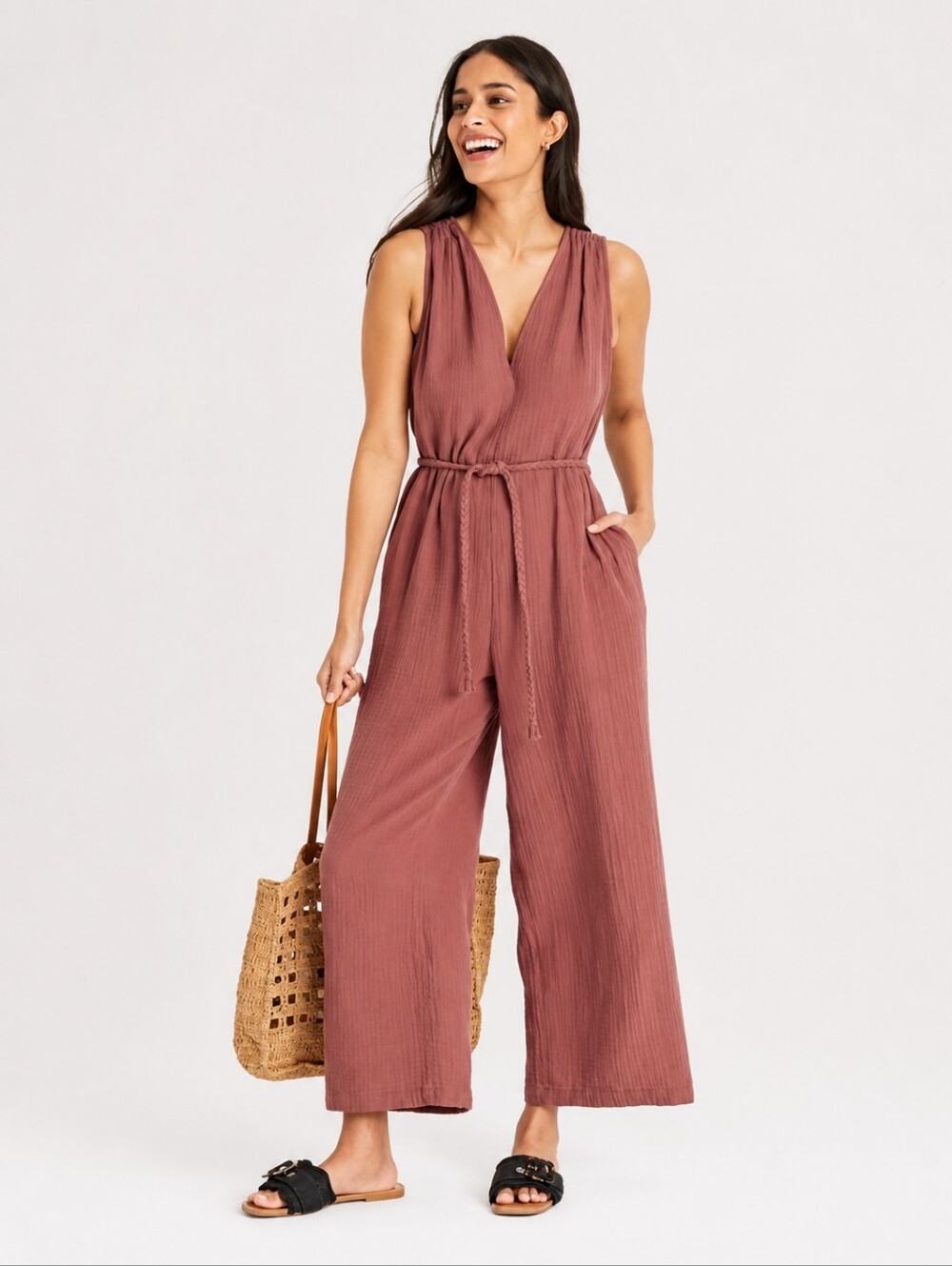NWT Universal Thread Gauze Wide Leg Jumpsuit XS Brown Sleeveless V-Neck Cotton